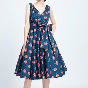 Miss Lulo Peach Sleeveless Fit and Flare Dress V Neck Tie Waist‎ Retro Pin Up